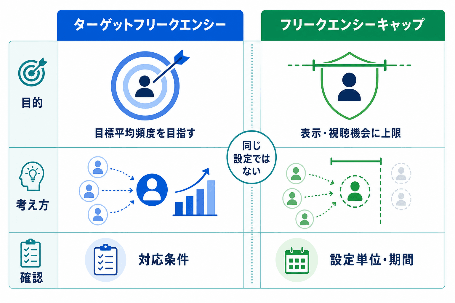 ターゲットフリークエンシーは目標平均頻度を目指す機能、フリークエンシーキャップは接触機会に上限を設ける機能として比較した図