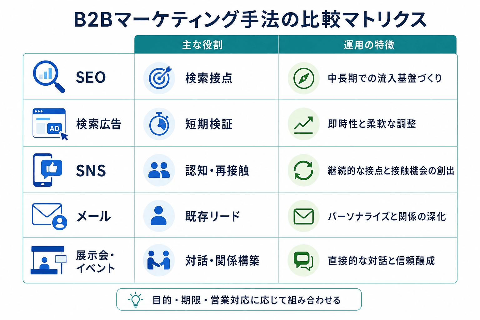 SEO、検索広告、SNS、メール、展示会・イベントについて、主な役割と使い分けの視点を並べた比較図。