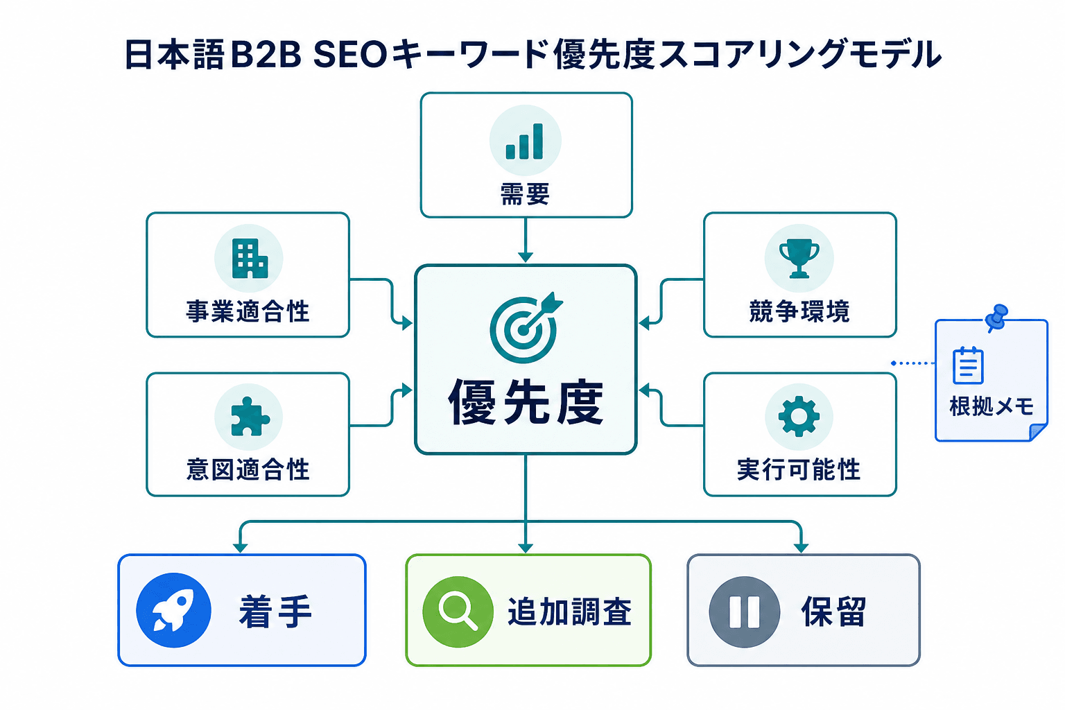 需要、事業適合性、意図適合性、競争環境、実行可能性の5軸から優先度を判断し、着手、追加調査、保留へ分ける図。