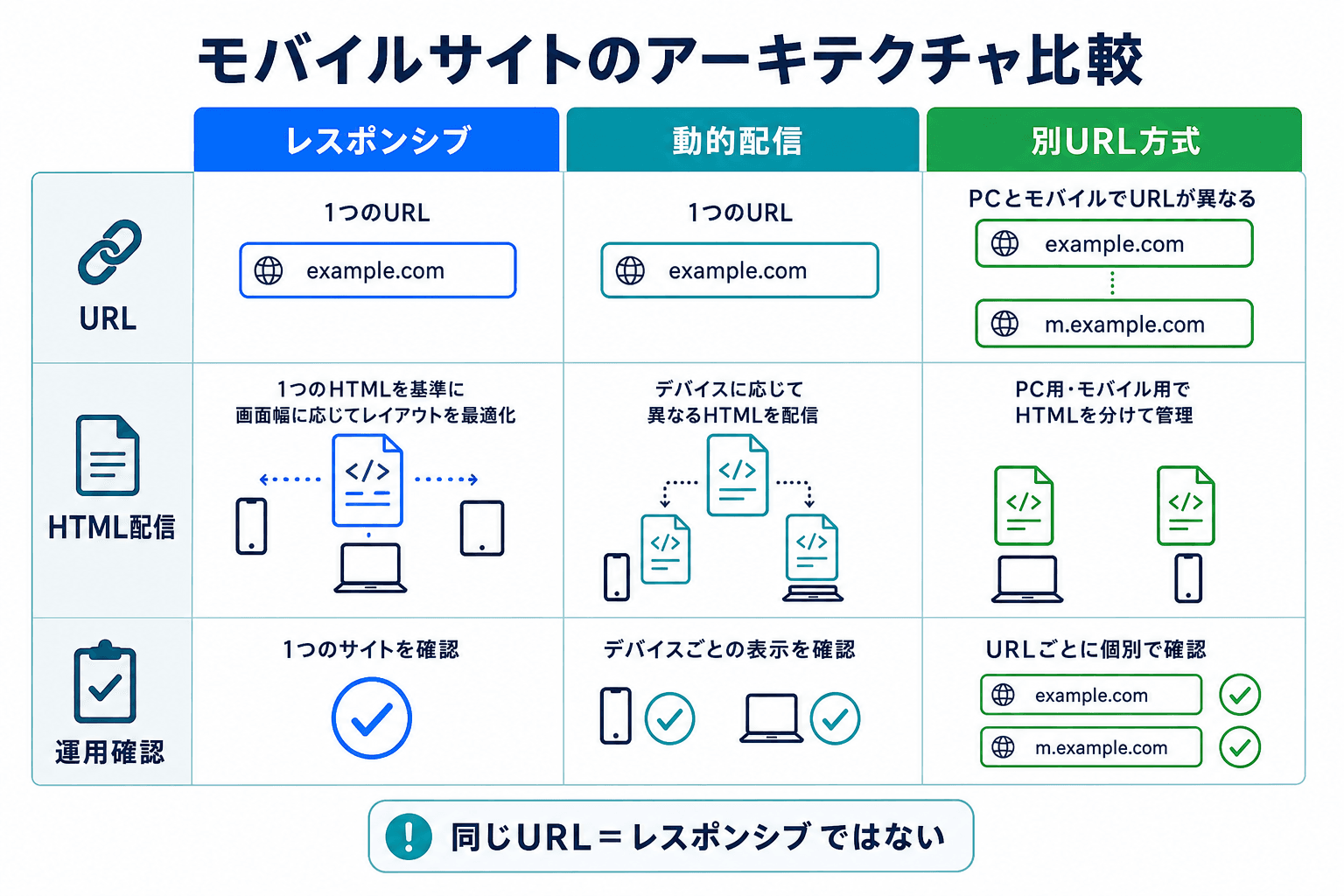 レスポンシブ、動的配信、別URL方式について、URL、HTML配信、運用確認の違いを比較した図。