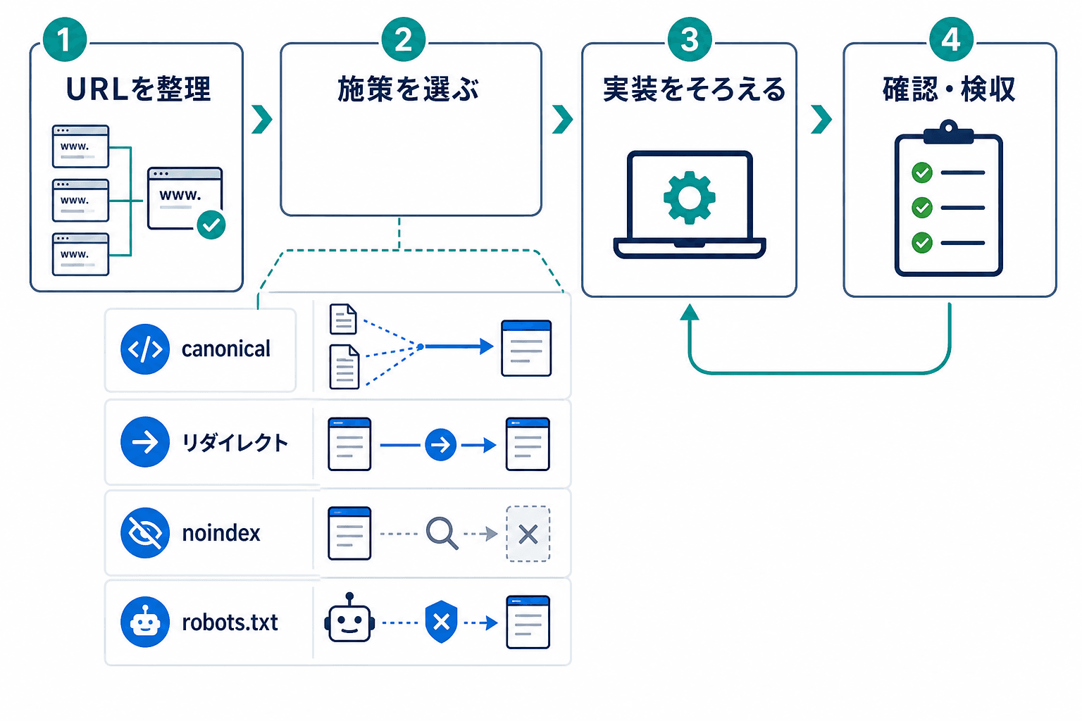 canonicalの運用を、URL整理、施策選択、実装整合、確認・検収の4段階で示した全体図。