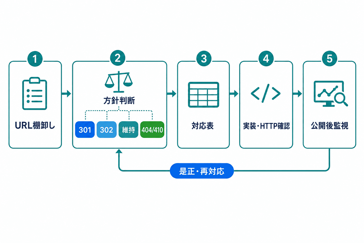 301リダイレクトの進め方を、URL棚卸し、方針判断、URL対応表、実装・HTTP確認、公開後監視の順に示す工程図。