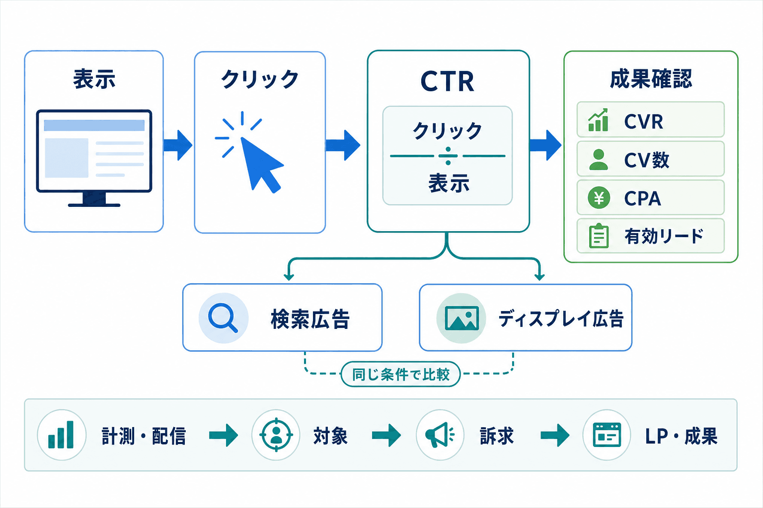 CTRを表示回数とクリック数の関係で示し、検索広告・ディスプレイ広告を分けて比較し、CVRやCPAなどの成果指標と併読する流れを示す図。